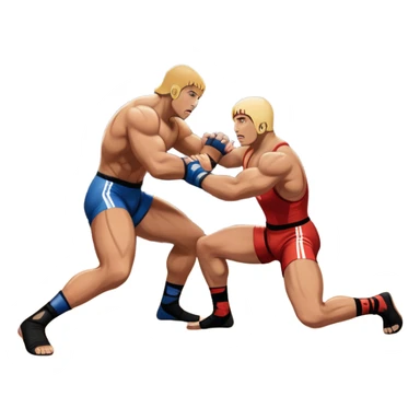An icon depicting two wrestlers in a grappling stance on the mat, engaged in a fierce combat. One fighter attempts a takedown, while the other resists. The background shows a wrestling arena with bright lights and spectators around the edge of the ring. Transparent background  sticker