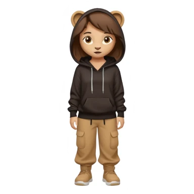 León tierno que sea mujer con pantalones guangos  y una sudadera negra con cabello suelto color castaño obscuro sticker