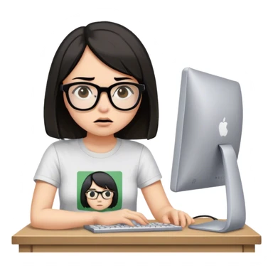 girl with black brown bob hair wearing glasses is having a brain fog while working on her old computer wearing a nirvana tshirt sticker