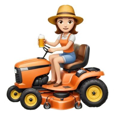 White woman with brown hair, without glasses wearing a straw hat, on old orange ride on lawn mower, holding a beer with one hand and holding the steering wheel with the other hand. Woman is smiling. Lawn mower has “Westwood” written on the engine cover sticker
