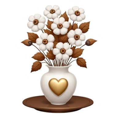 a bouquet of cotton flowers with brown dried petals, in a white ribbed vase on a white tray. next to it is a figurine in the form of a white heart, with sparkles sticker