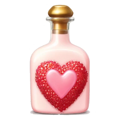Antique heart-shaped parfumerie bottle with butter, made of red crystals, white cream and pink strawberry milk pour from the bottle sticker