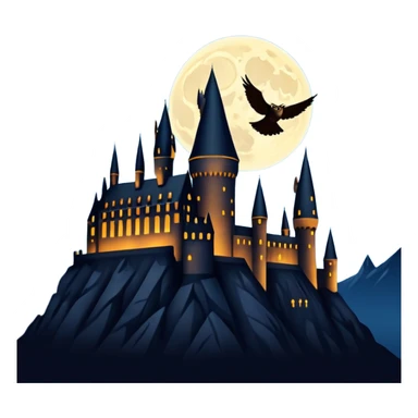 hogwarts castle on a starry night and owl flying in the air silhouette  sticker