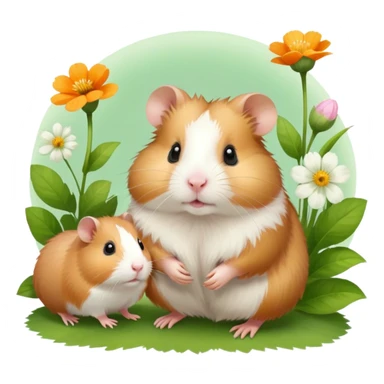 Icon for Hamster and Guinea Pig: A portrait-style collage with a fluffy hamster with soft fur, looking curious, and a friendly guinea pig with long, smooth fur, both on a soft green background with flowers and soft light. Transparent background. sticker