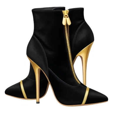 black velvet and realistic gold zipper 10 inch ankle bootie stilettos, still life, render. sticker