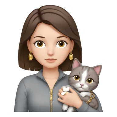 a white girl with brunette hair in brain that is over her shoulder. shes holding a grey cat. the girl has long lashes and has on a grey zip up that is half way zipped  and under a white shirt and gold jewelry that is gold bracelets. sticker