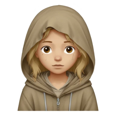 Young beggar little girl character, chest-up portrait, wearing worn and oversized clothes, hair is visible, no hat or such, neutral earth-tone fabric, slightly messy hair peeking from under a hood, tired but gentle eyes, subtle dirt marks on face, sticker