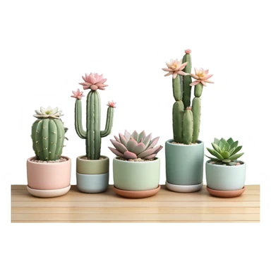 Ceramic pots in pastel colors, tall and short, cylindrical, square, and bowl-shaped, containing cereus cactus plants, hanging cacti, flowering cacti, echeveria succulents, sedum succulents, and graptopetalum succulents placed in a row on the floor sticker