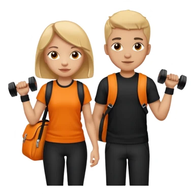 light skin students girl and boy with school bag full of books on back and dumbell in hand. Clothes are in black and orange colours  sticker