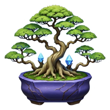 Cracked Futuristic wild glowing space alien moss maples shohin Bonsai hair-pine-leaf group multi faceted intricate hobbit-inspired boxwood purple blue informal rocky cliffhanger eight trees forest planting in shallow willow slab style pot with big animal-like feet  sticker