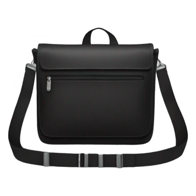 Black men’s messenger bag emoji, minimalist style, simple rectangular shape, adjustable strap, no details or logos, transparent background. sticker