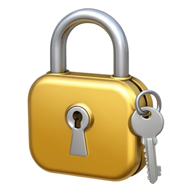 A shiny golden closed padlock with a silver key inserted into the keyhole, centered on a plain background. The lock is smooth and rounded, emoji-like style with clean lines sticker