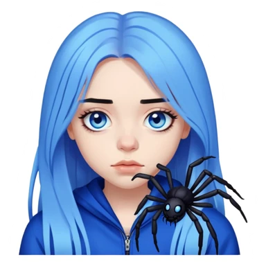 billie eilish, blue eyes, long black hair, dark eyeliner makeup, holding blue spider sticker
