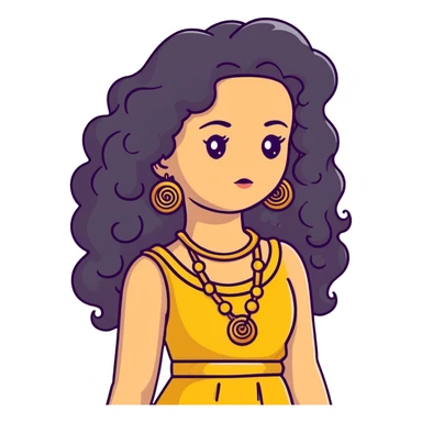 pretty Greek girl with big puffy long curly hair, gold statement earrings and necklace, cute modern dress sticker