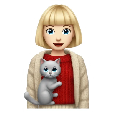 girl with blonde bob hair and bangs (a fringe) with blue eyes, long eyelashes and red lipstick wearing a red cable knit sweater. She must be holding a grey cat sticker