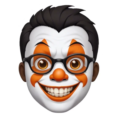 curious boy with black hair and brown eyes. He has a unibrow (one single thick eyebrow, which connects in the middle) and a short beard and is wearing glasses. On his face is white and orange juggalo clown face paint,  and massive grin, showing his broken front teeth sticker