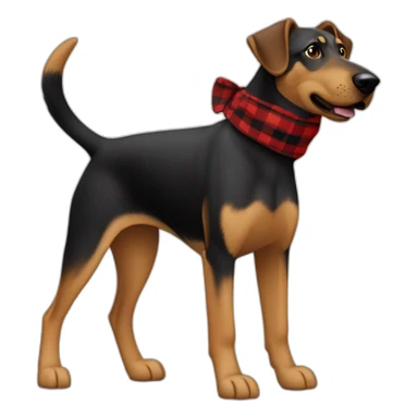 adult 75% Coonhound 25% German Shepherd mix dog with visible tail wearing small pointed red buffalo plaid bandana full body walking left quickly sticker
