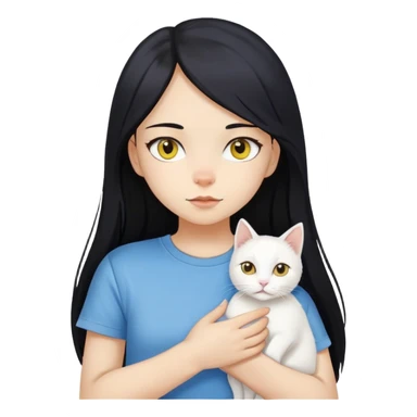 A girl with long black hair, fair-yellow skin, and brown eyes, wearing a white T-shirt, holding a white cat. The cat’s left eye is blue and its right eye is yellow. sticker