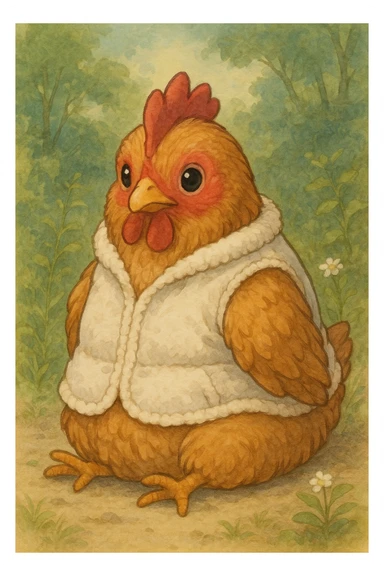 cute chicken sitting wearing a white pile vest, ghibli style sticker