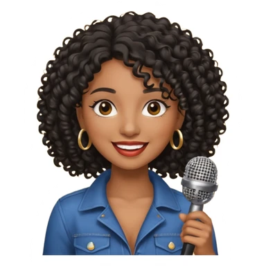 brown skin woman, curly black hair, singer, hold micro sticker