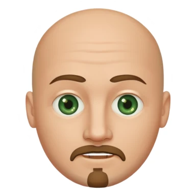 white caucasian bald man's face, with brown  round goatee and dark green eyes, oval face, rounded, big, little eyes a small smile,  sticker