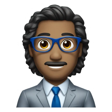 man in blue suit and red tie, black eyes with metallic glasses, black hair, showing hands sticker