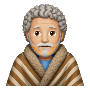 Older Man with curly hair and beard with blanket around head to be warm sticker