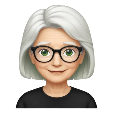 White hair grandma, green eyes, hair to shoulder, lokeg black glasses, rectangles face, smile , sticker