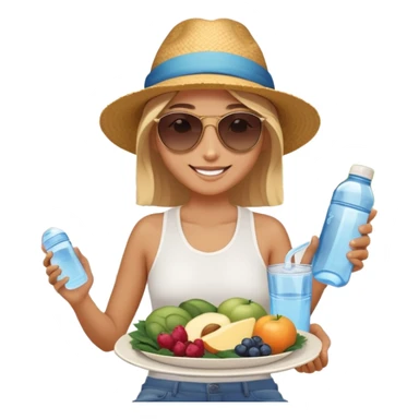 A person in the sun, with a plate of whole foods, water bottle, and glowing bed behind them. Nearby, smiling friends gather—symbolizing balance, healing, and connection through simple daily rituals. sticker