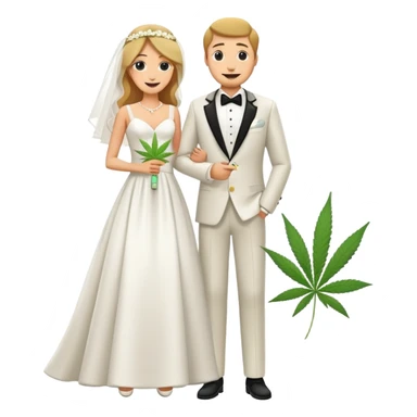 Full body view of bride in white dress and groom in tuxedo sharing a cannabis joint, cheerful cartoon wedding couple standing together sticker