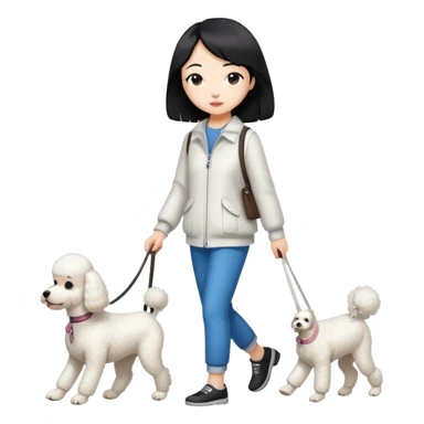 one dog (white poodle) walking with owner (Asian girl with straight black hair) sticker