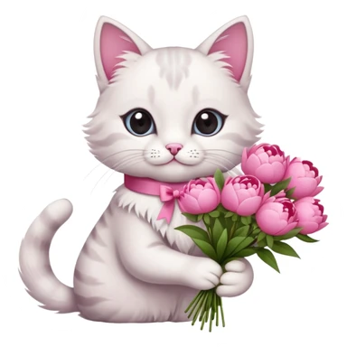 Can you make a cute cat handing out peonies bouquet with a coquette on the boquette sticker