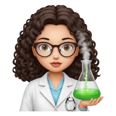 realistic bratz doll with long loose curly dark brown hair, glasses that are round cat eye vibes, in a lab coat mixing beakers that glow sticker