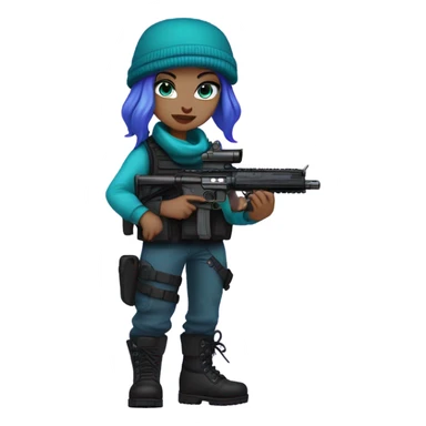 Girl, white skin, tactical vest, dark pants, teal hair, blue eyes, purple beanie hat, gun, black combat boots sticker