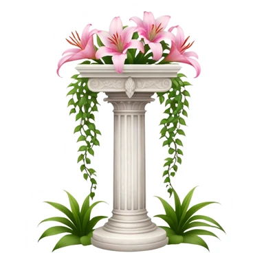White tall marble pedestal with vines growing on it and pink lilies, beautiful romantic scenery  sticker