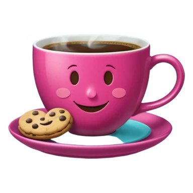 cup of coffee, steaming, the smoke should come out in the shape of a heart, the color of the cup is fuchsia, the cup has a happy face printed on it, the cup rests on a turquoise blue plate, and there are cookies and sugar cubes around the cup. sticker