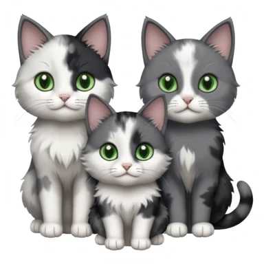 3 different coloured small cats including a dark grey and white, and a patchy calico and a completely solid dark grey with green eyes and only white paws\ sticker