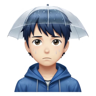 Anime character boy with sad expression standing in the rain, anime art style sticker