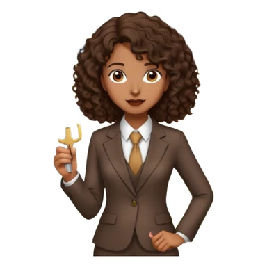 Dark brown lady with medium brown mid length curly hair in real estate job with house and keys sticker