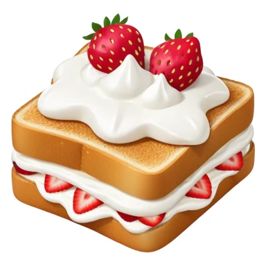 square toast topped with fluffy white cream, decorated with a strawberry bow made from two strawberry halves and a small sliced center, bright red and glossy sticker