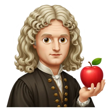 Isaac Newton wearing 17th-century aristocratic attire with long curled periwig, hold an apple sticker