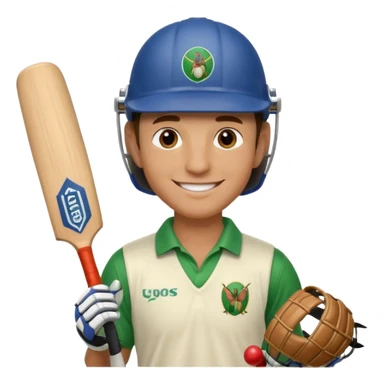 i want a emoji suitable for a logo s well.
it should contain a man holding cricket bat and is wearing all the cricket accessories sticker