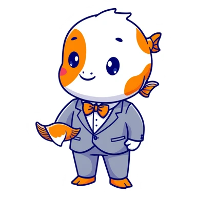 A charming and professional koi fish character, sleek rounded body with orange and white patterns, expressive eyes, friendly smile, wearing a neat business suit, white shirt, and tiny bowtie sticker