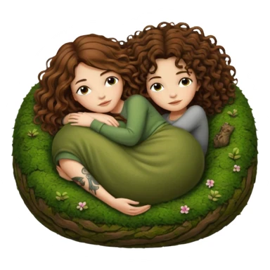 cozy moss bed — long wavy brown hair tattooed woman and short tight curly brown hair woman — curled together on moss pillow sleepy sticker