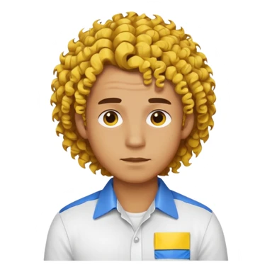 Make me an emoji that has a guy with a white shirt and yellow tape around the shirt with brown and blue spots hair make the hair curly make the yellow tape go around it sticker