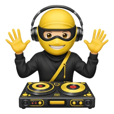 Make a customized yellow head emoji with hands and holding a dj turn table  in a  ninja face mask sticker