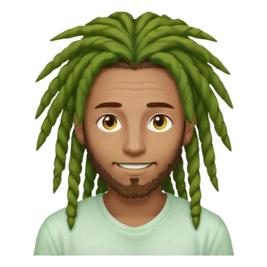 man with brown dreads covering forehead white tee golden eyes light green skin  and white smile sticker