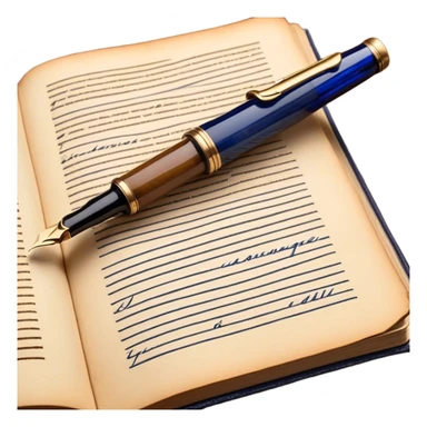 Create a vibrant emoji representing prose writing. The design should feature an open book with pages showing unfinished prose, a classic fountain pen or quill with black or dark blue ink, and an ink bottle (inkwell) next to it. The pages should have visible lines of text, but some should remain unfinished, symbolizing the creative process. Use warm, earthy tones like brown, gold, and cream for the book and background, with the ink and pen in black or dark blue. The emoji should convey the idea of storytelling, creativity, and the unfinished nature of literary work. Make the background transparent. sticker