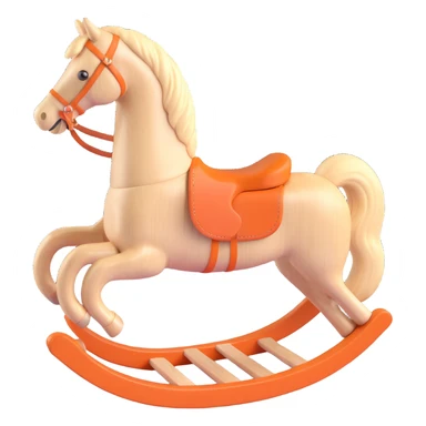 rocking horse, 3D, light maple wood, vintage style, Hermès orange saddle, no text sticker