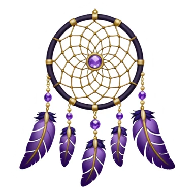 Black dreamcatcher with amethyst crystals, gold pearls, and plants, and violet and white feathers sticker
